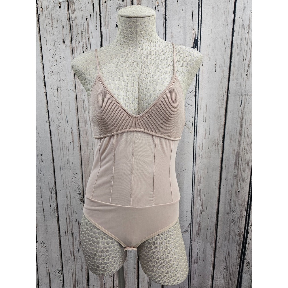 Zara Women's Medium Nude Sheer Bodice Knit Top Cami Bodysuit Tank Blouse EUC